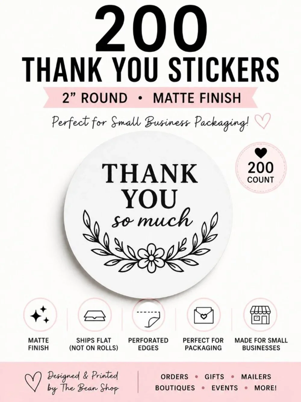200 White 2inch Thank You Stickers Matte Small Business Reseller Gift Supplies